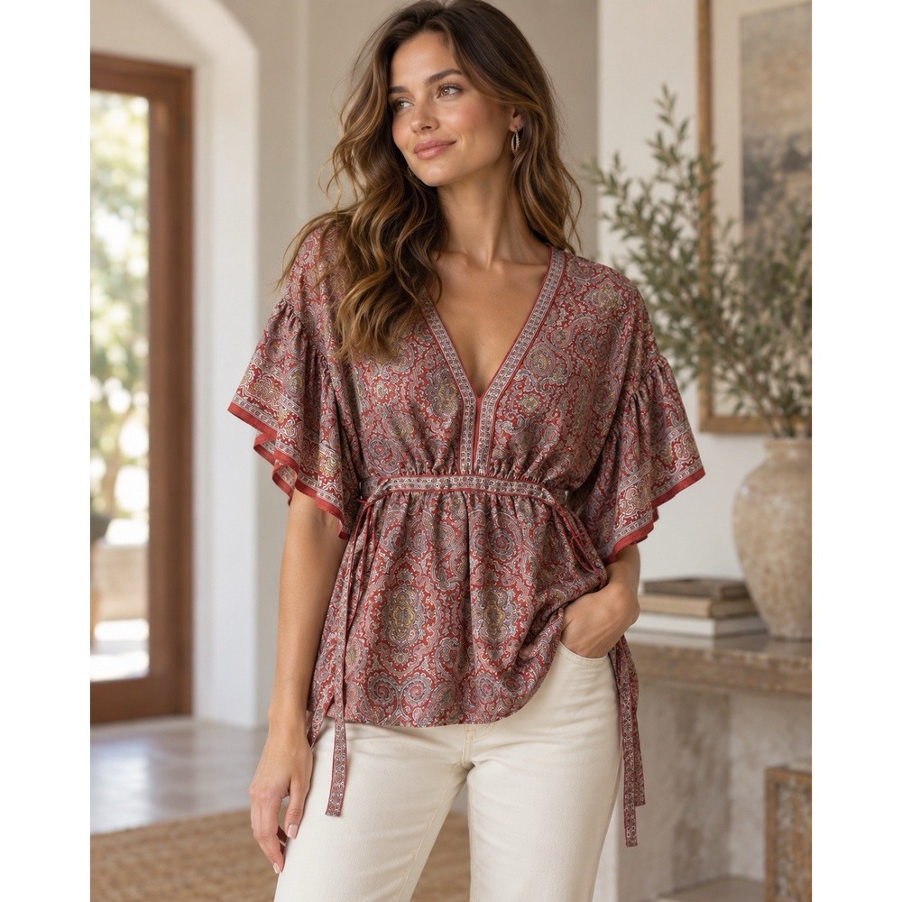 Max Studio Paisley Kimono Sleeve Blouse Women M Boho V Neck Tie Waist Tunic